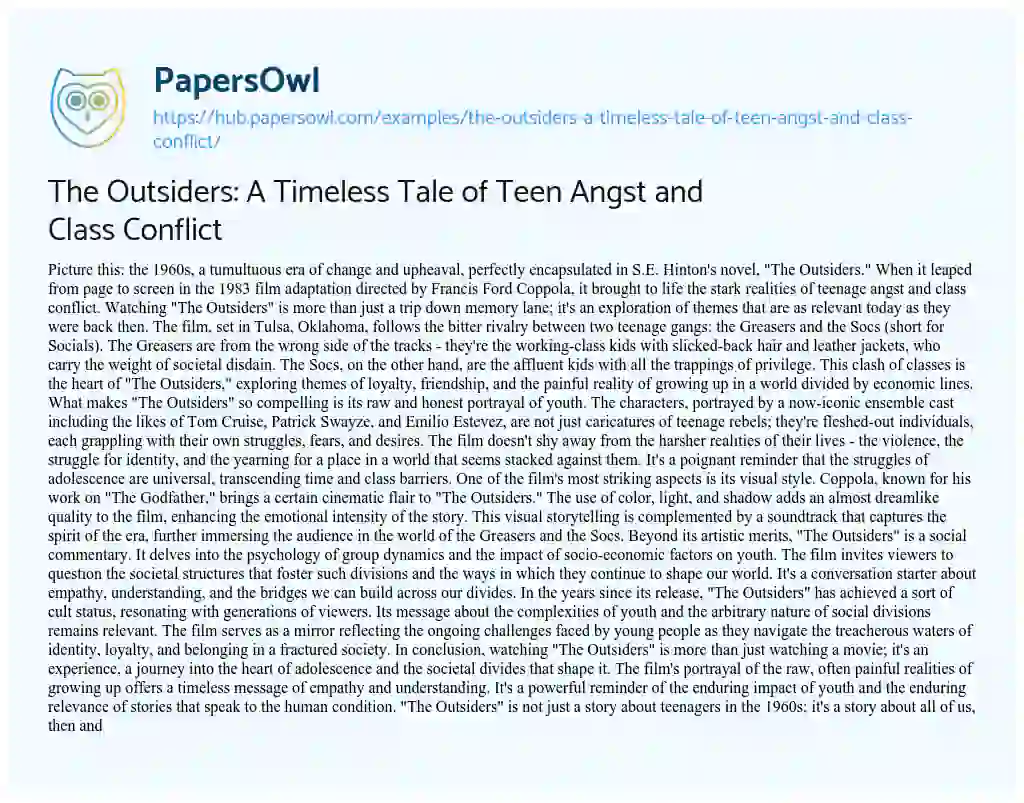 Essay on The Outsiders: A Timeless Tale of Teen Angst and Class Conflict
