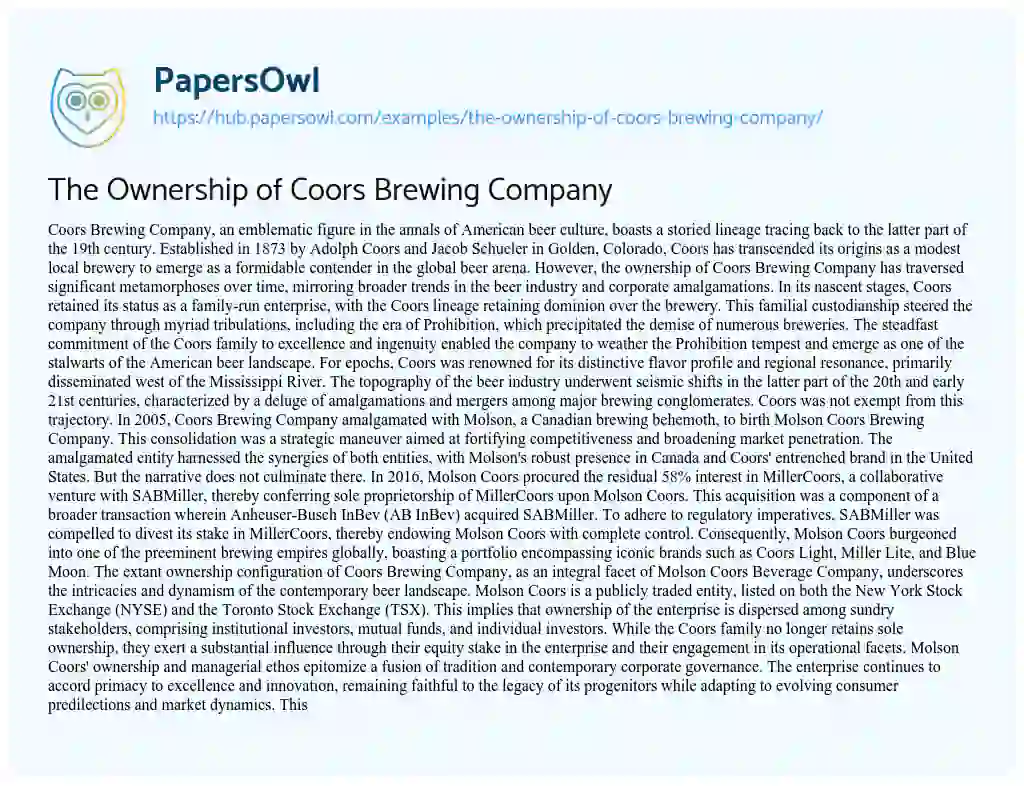 Essay on The Ownership of Coors Brewing Company
