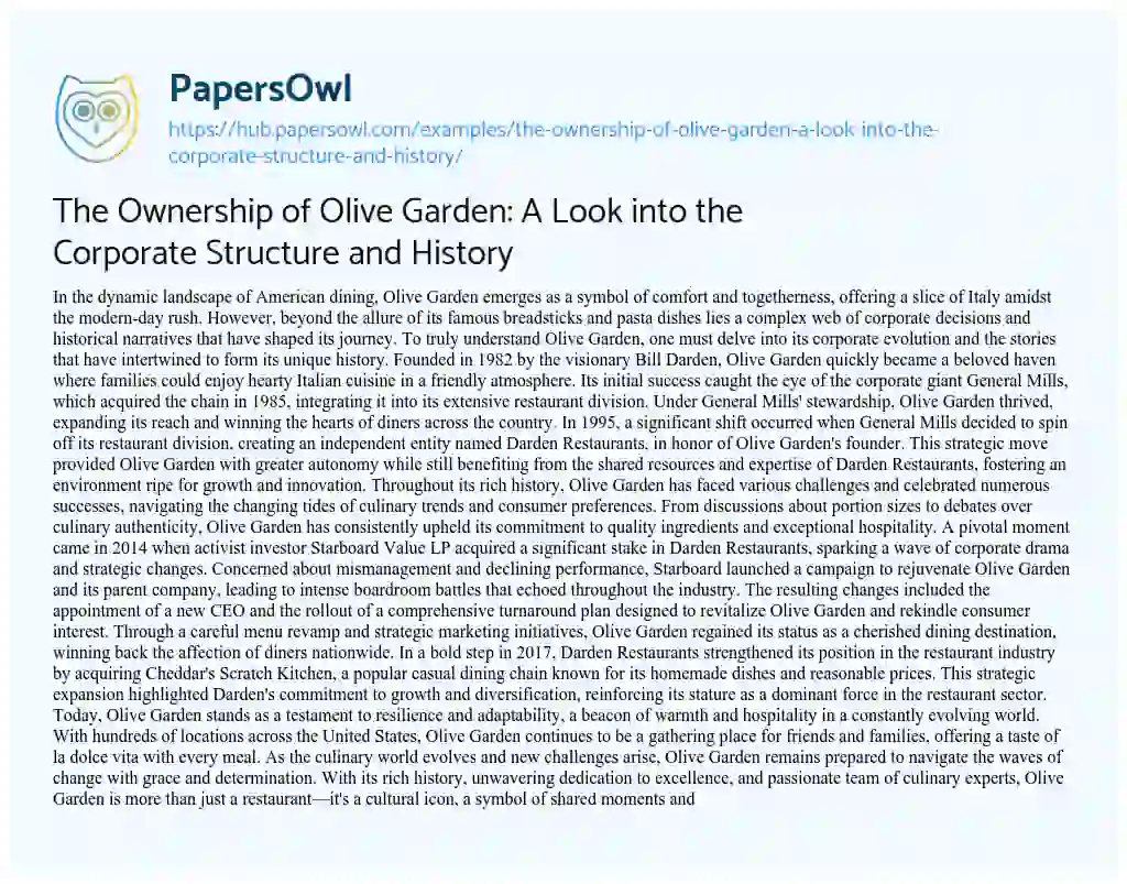 Essay on The Ownership of Olive Garden: A Look into the Corporate Structure and History