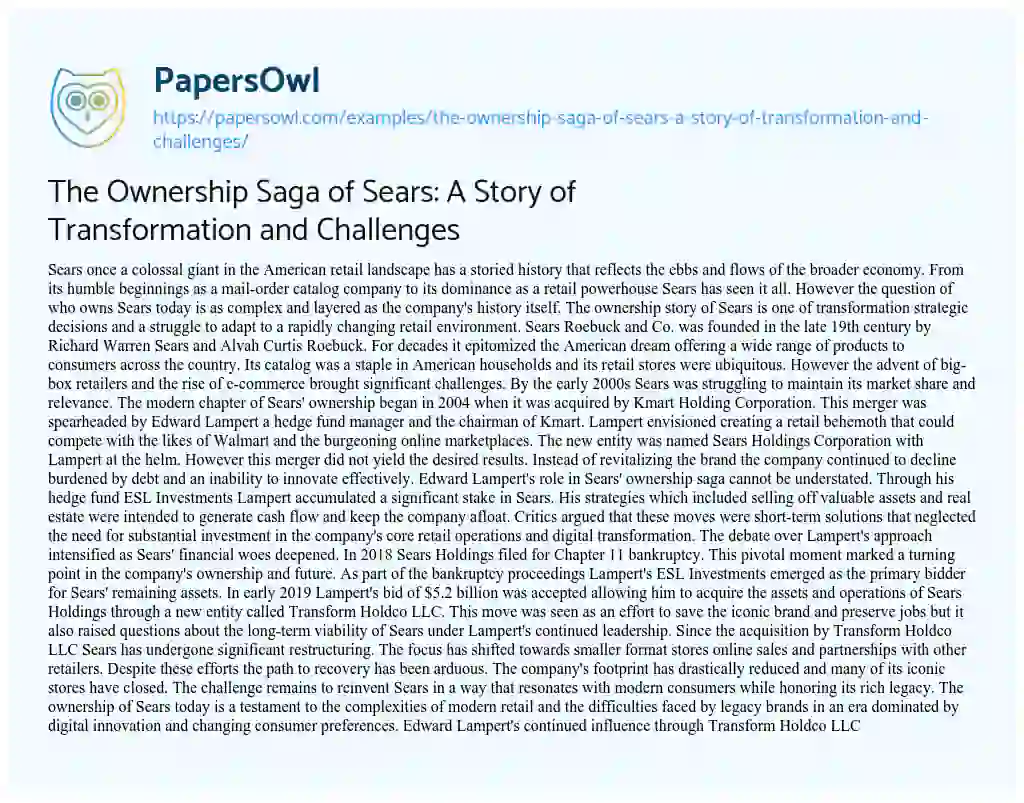Essay on The Ownership Saga of Sears: A Story of Transformation and Challenges