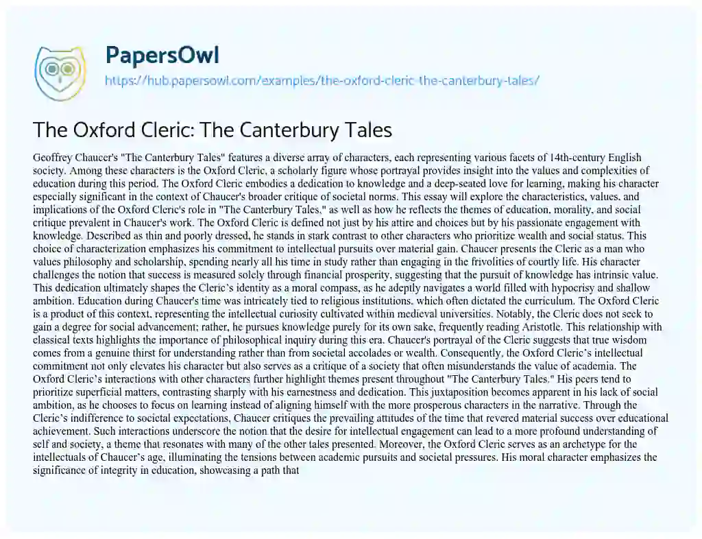 Essay on The Oxford Cleric: The Canterbury Tales