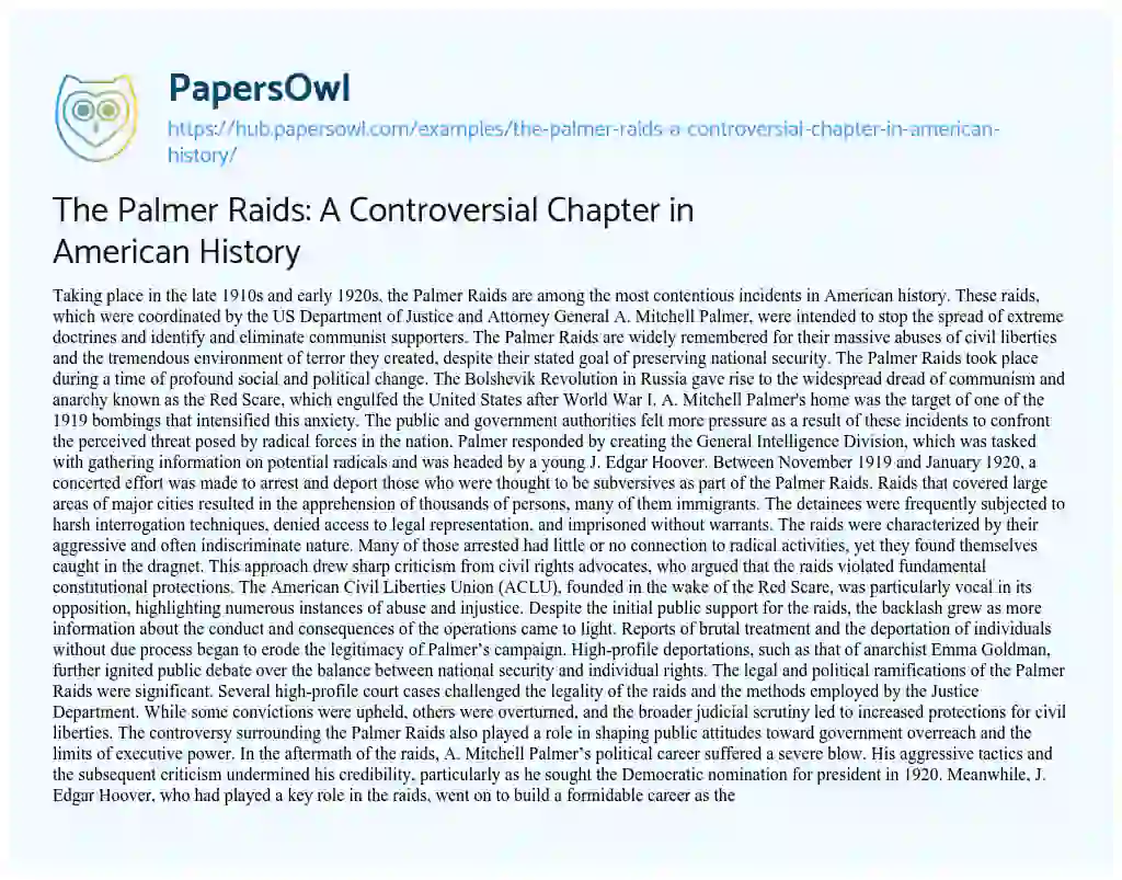 Essay on The Palmer Raids: A Controversial Chapter in American History