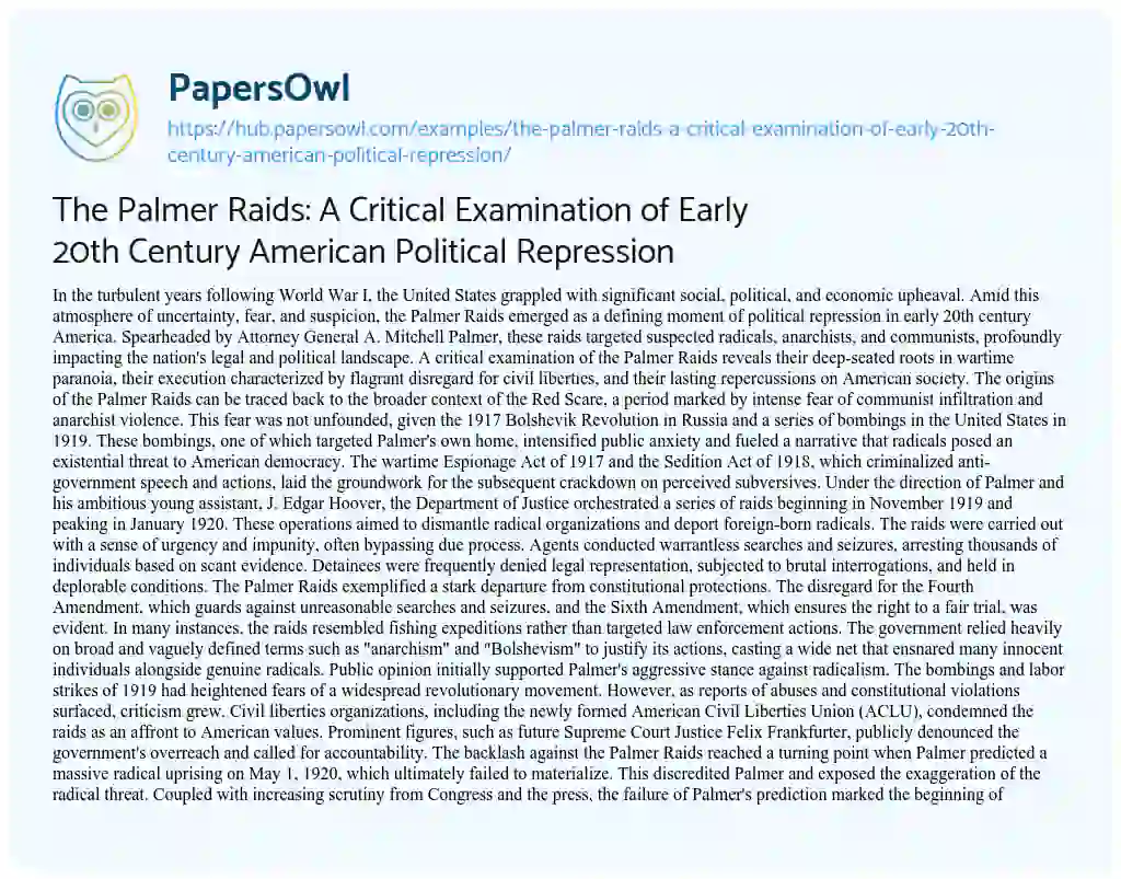 Essay on The Palmer Raids: A Critical Examination of Early 20th Century American Political Repression