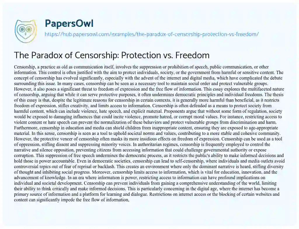 Essay on The Paradox of Censorship: Protection vs. Freedom