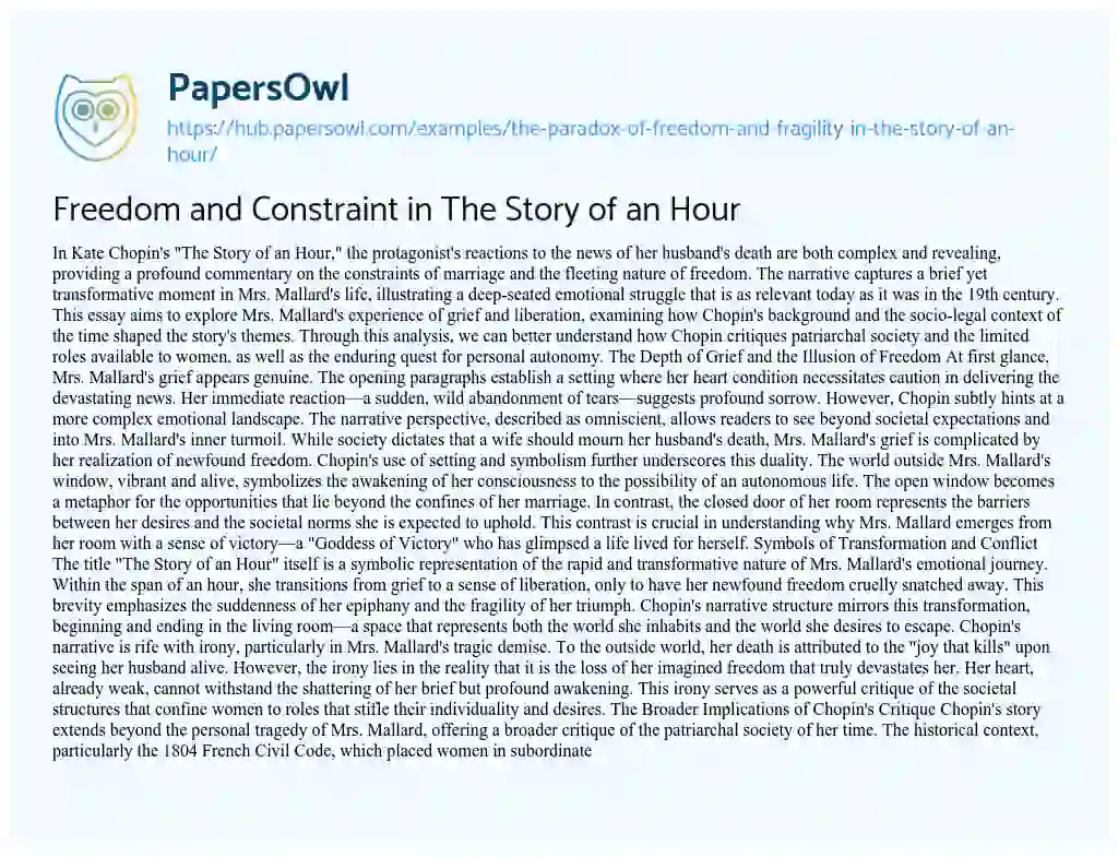 Essay on Freedom and Constraint in The Story of an Hour