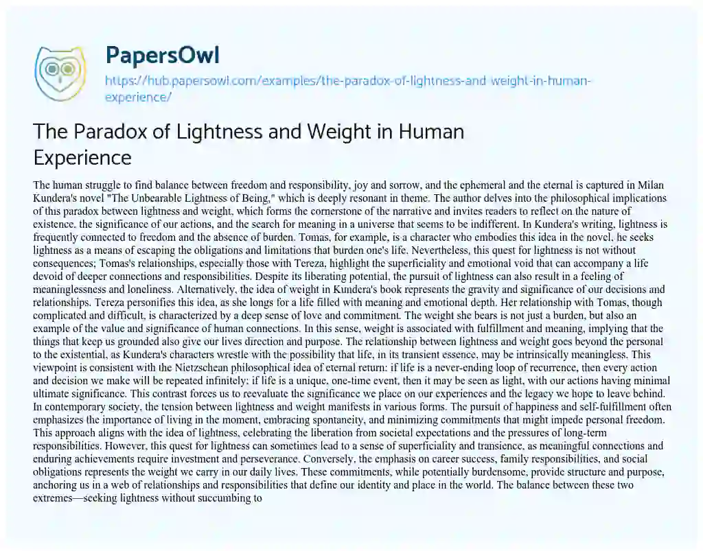 Essay on The Paradox of Lightness and Weight in Human Experience