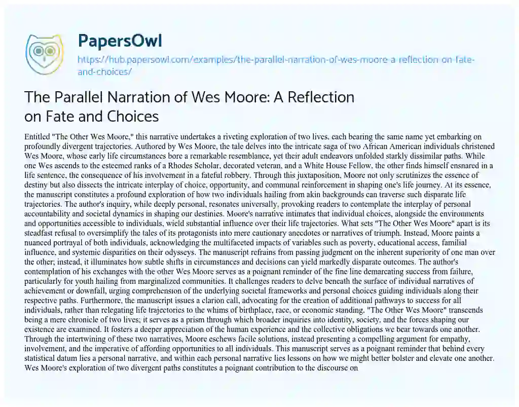 Essay on The Parallel Narration of Wes Moore: A Reflection on Fate and Choices