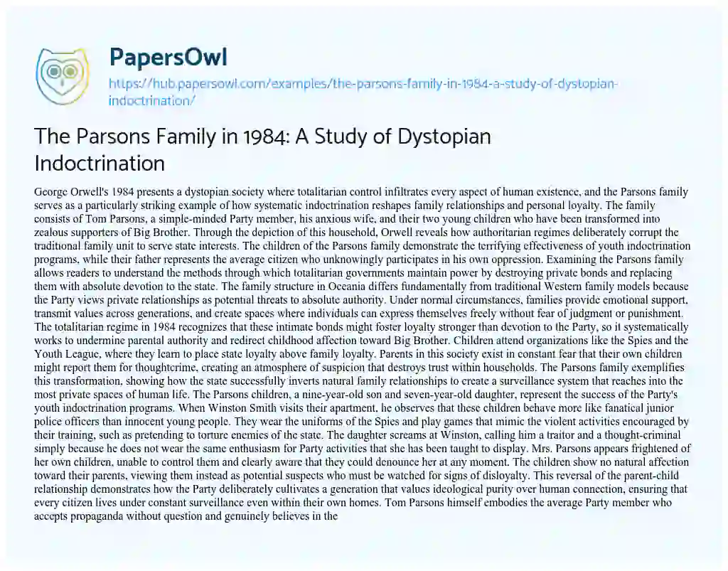 Essay on The Parsons Family in 1984: A Study of Dystopian Indoctrination