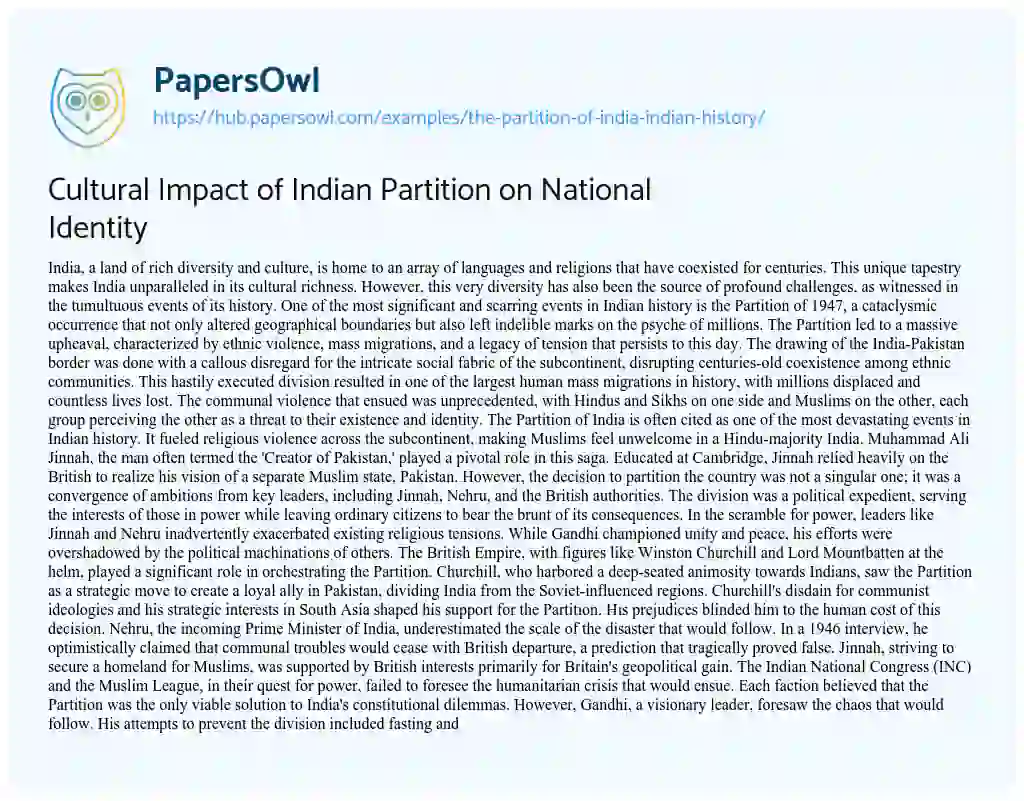 Essay on Cultural Impact of Indian Partition on National Identity