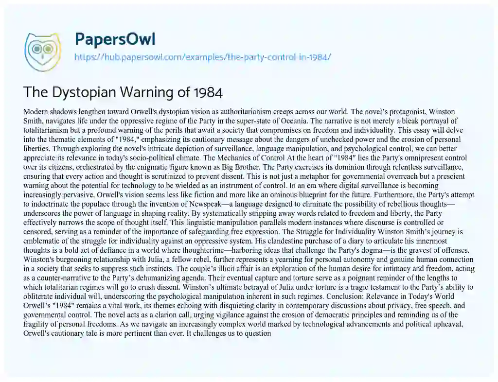 Essay on The Dystopian Warning of 1984