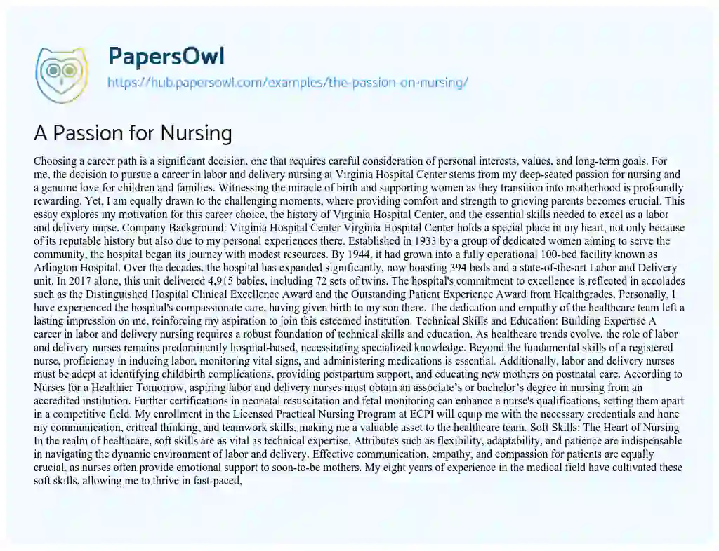 Essay on A Passion for Nursing
