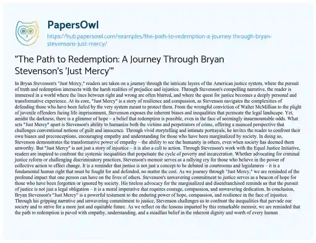Essay on “The Path to Redemption: A Journey Through Bryan Stevenson’s ‘Just Mercy'”