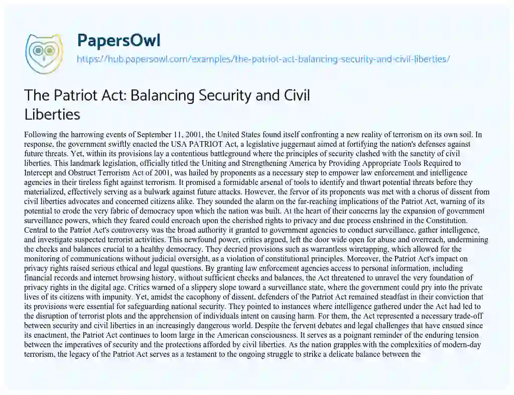 Essay on The Patriot Act: Balancing Security and Civil Liberties