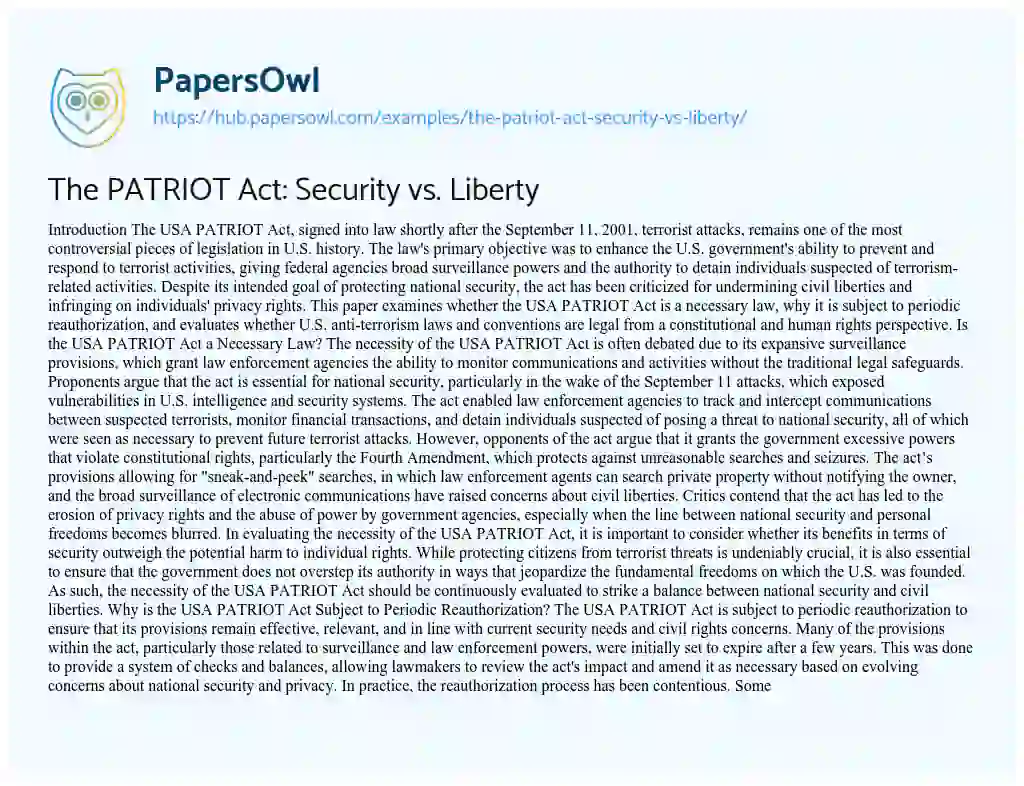 Essay on The PATRIOT Act: Security vs. Liberty