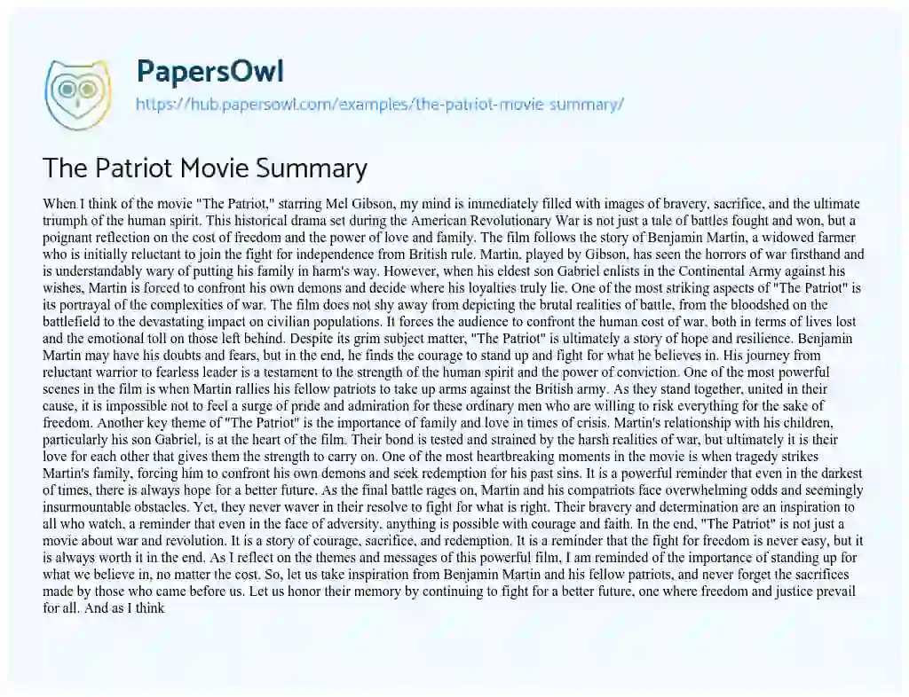 Essay on The Patriot Movie Summary