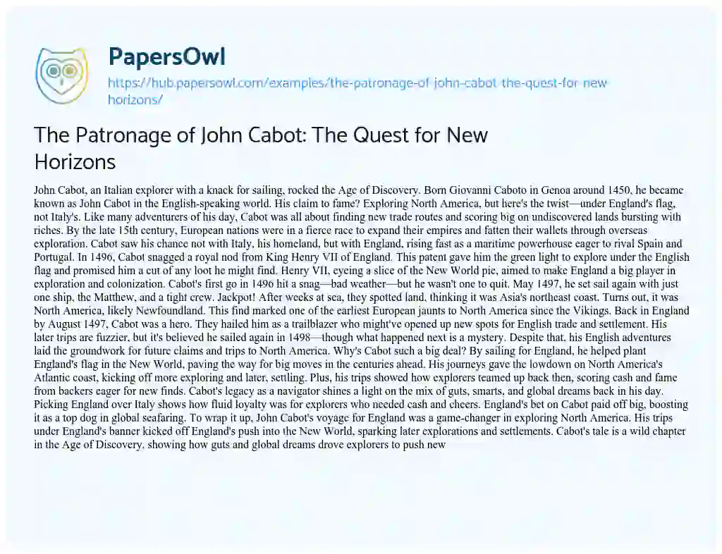 Essay on The Patronage of John Cabot: The Quest for New Horizons