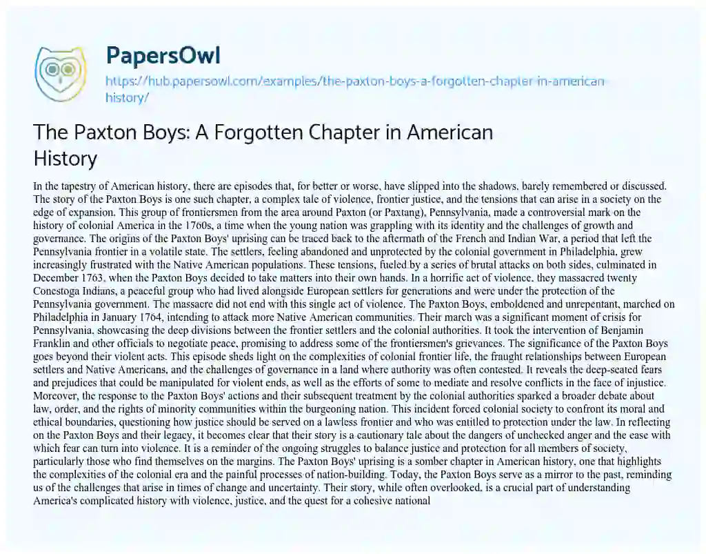 Essay on The Paxton Boys: A Forgotten Chapter in American History