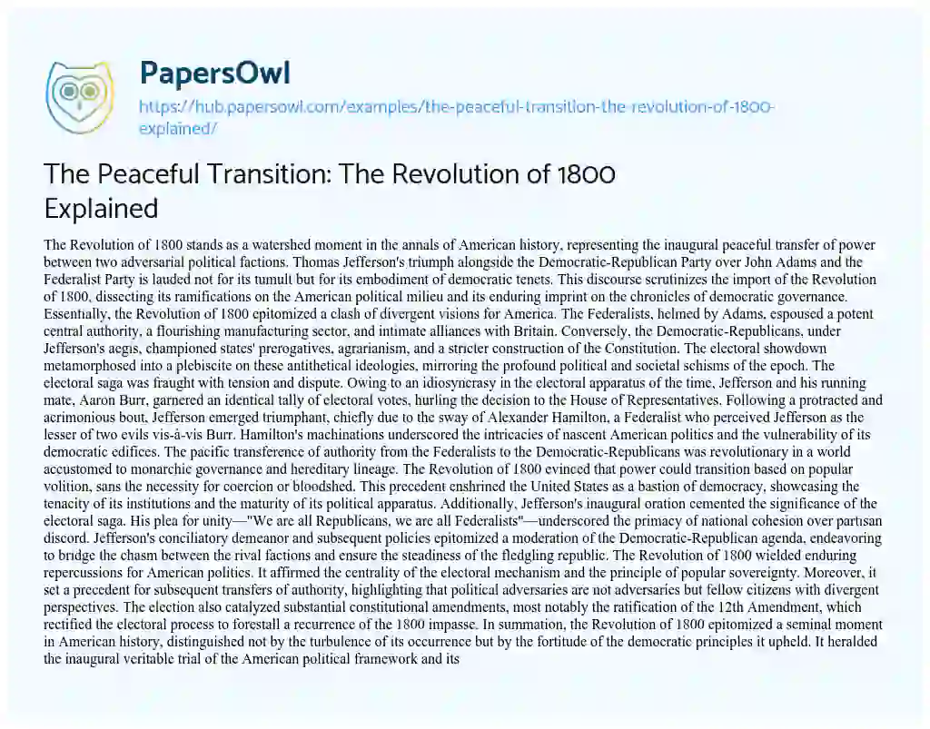 Essay on The Peaceful Transition: The Revolution of 1800 Explained