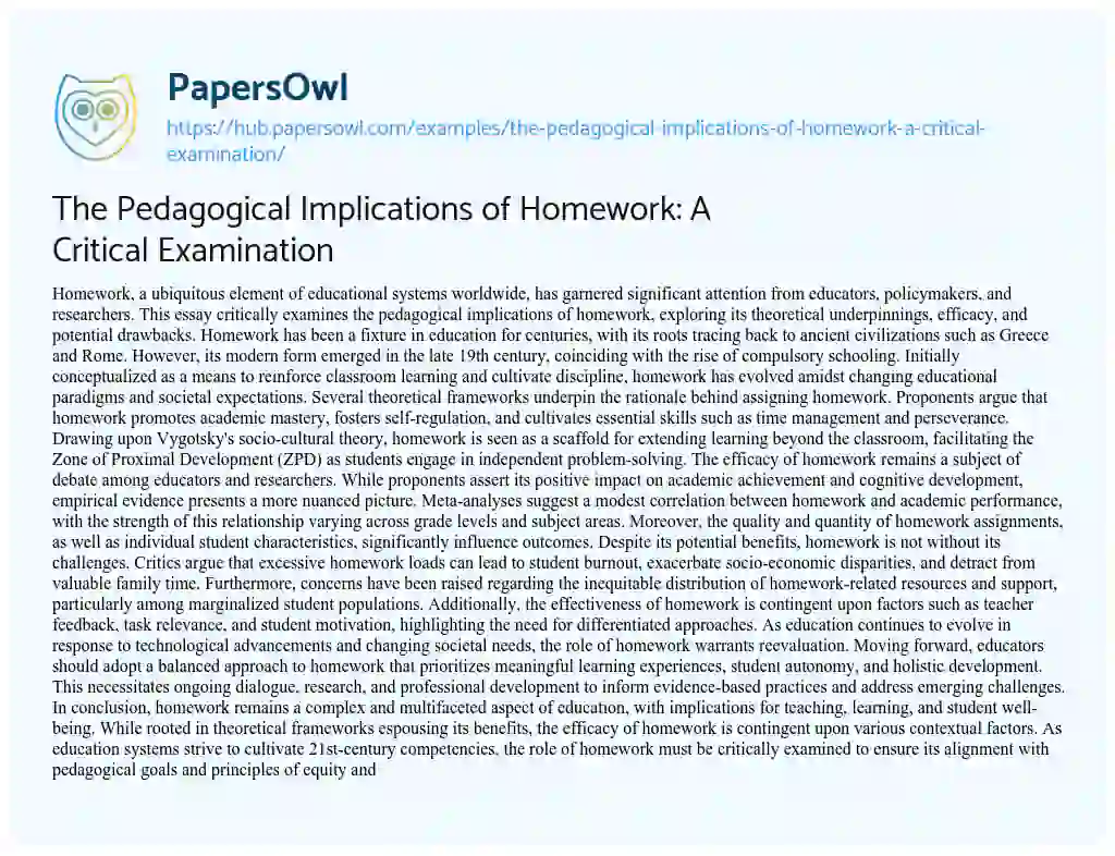 Essay on The Pedagogical Implications of Homework: A Critical Examination