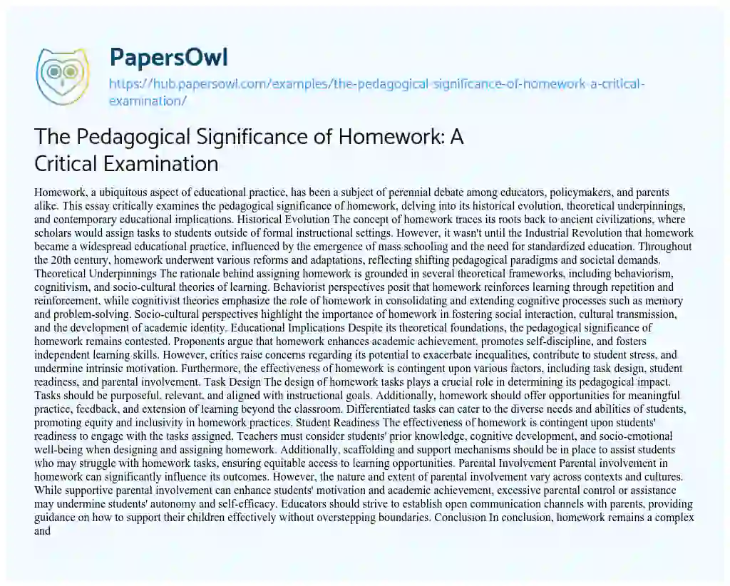 Essay on The Pedagogical Significance of Homework: A Critical Examination