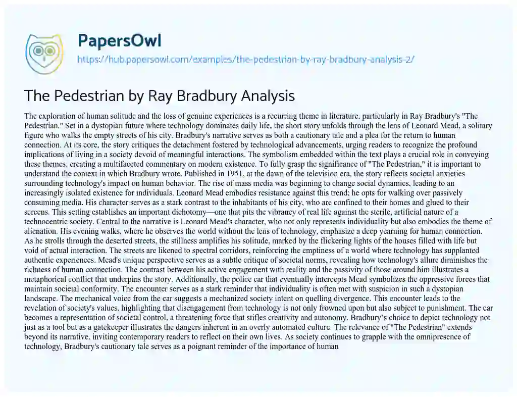 Essay on The Pedestrian by Ray Bradbury Analysis