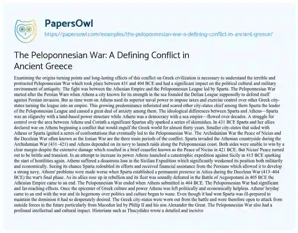 Essay on The Peloponnesian War: A Defining Conflict in Ancient Greece
