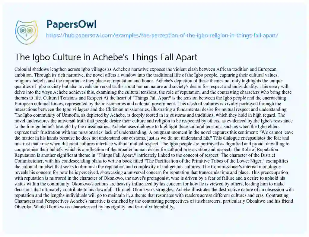 Essay on The Igbo Culture in Achebe’s Things Fall Apart