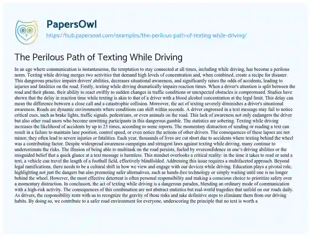 Essay on The Perilous Path of Texting While Driving