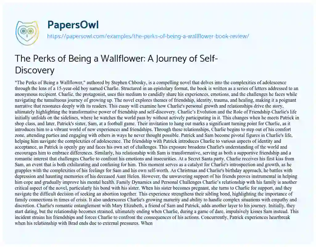 Essay on The Perks of Being a Wallflower: A Journey of Self-Discovery