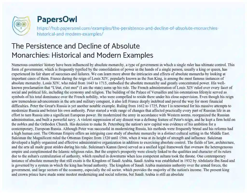 Essay on The Persistence and Decline of Absolute Monarchies: Historical and Modern Examples
