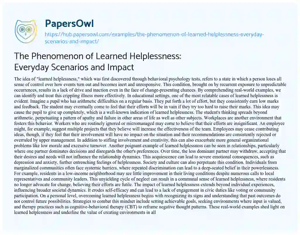 Essay on The Phenomenon of Learned Helplessness: Everyday Scenarios and Impact