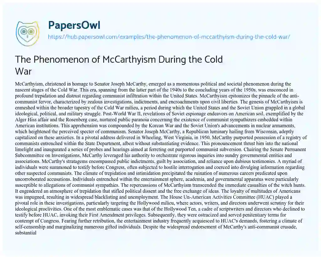 Essay on The Phenomenon of McCarthyism During the Cold War
