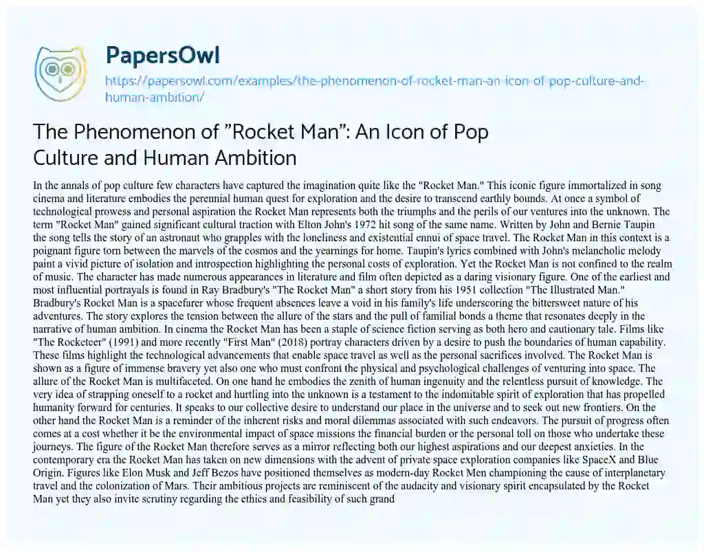 Essay on The Phenomenon of “Rocket Man”: An Icon of Pop Culture and Human Ambition