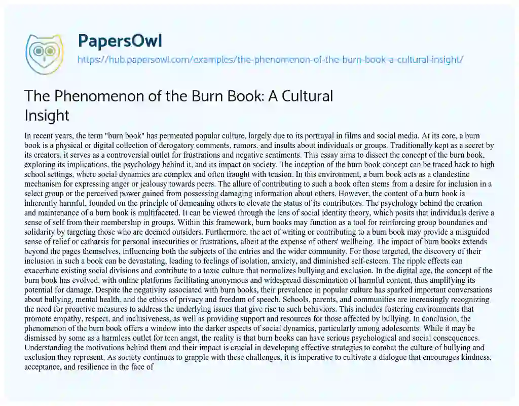 Essay on The Phenomenon of the Burn Book: A Cultural Insight