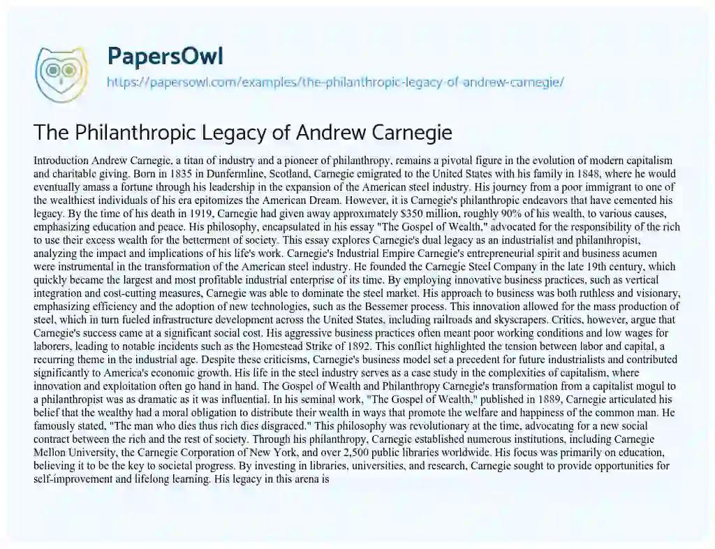Essay on The Philanthropic Legacy of Andrew Carnegie