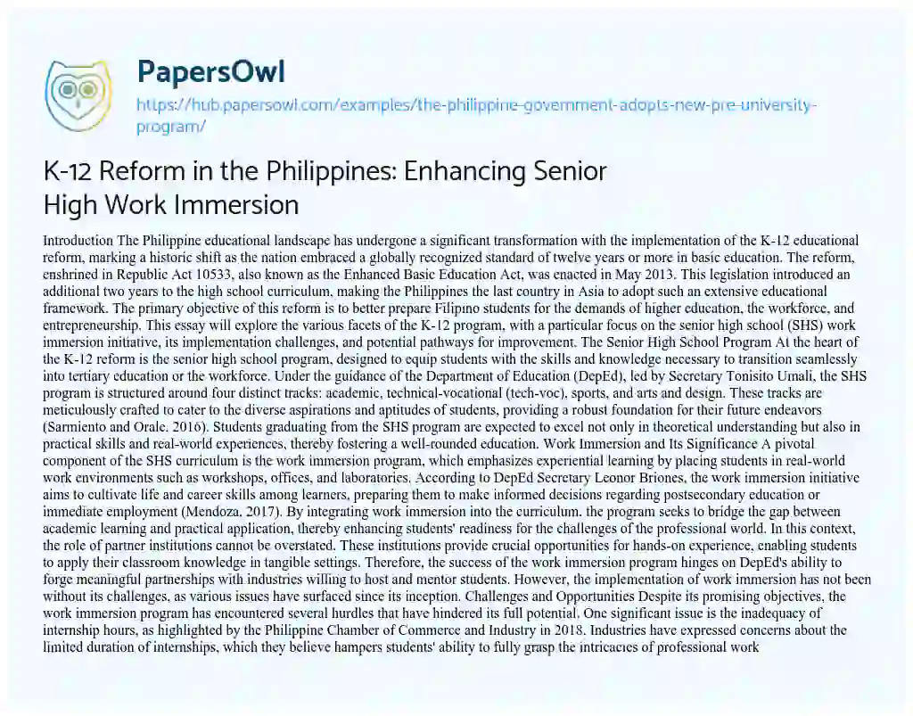 Essay on K-12 Reform in the Philippines: Enhancing Senior High Work Immersion