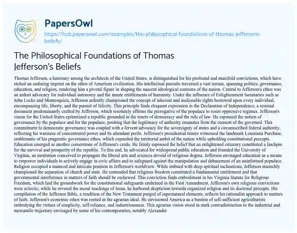 Essay on The Philosophical Foundations of Thomas Jefferson’s Beliefs
