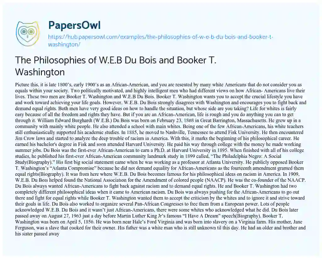 Essay on The Philosophies of W.E.B Du Bois and Booker T. Washington