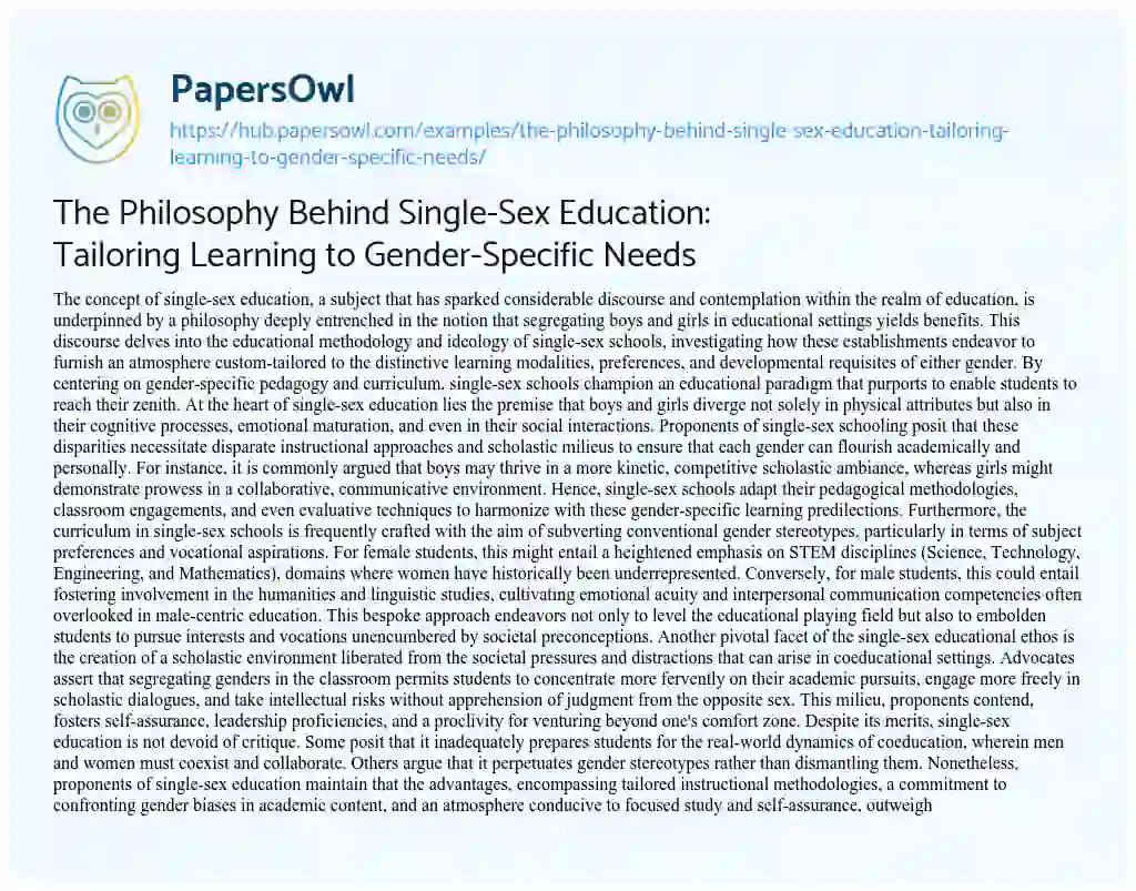 Essay on The Philosophy Behind Single-Sex Education: Tailoring Learning to Gender-Specific Needs