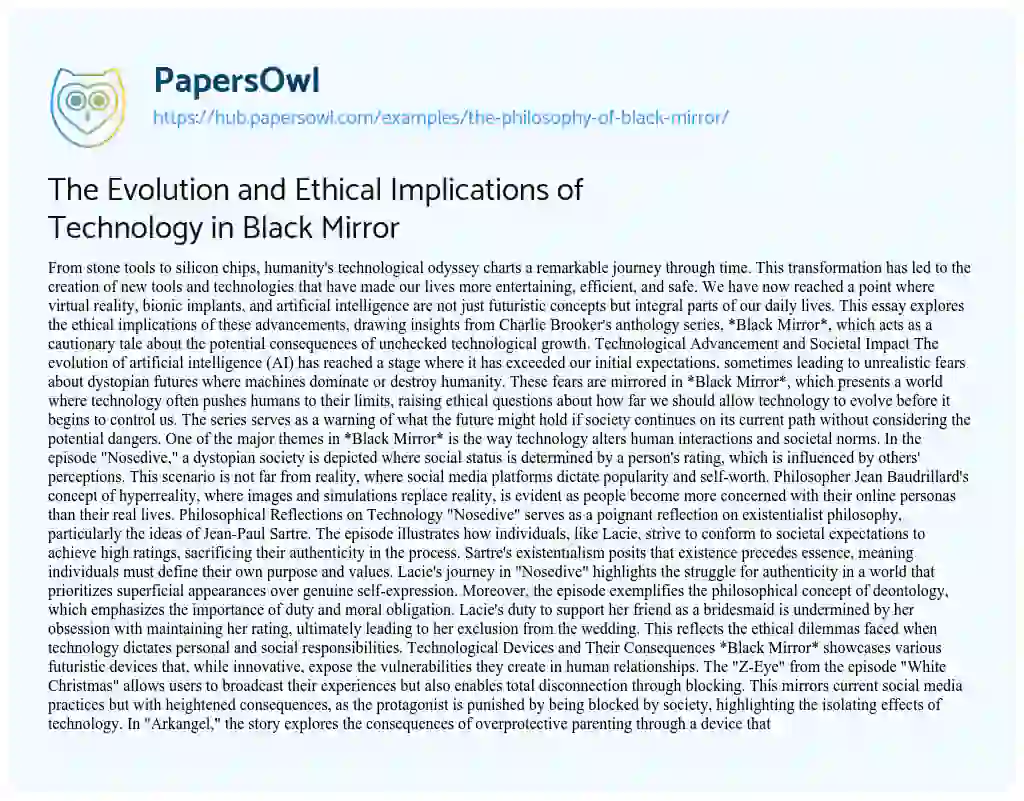 Essay on The Evolution and Ethical Implications of Technology in Black Mirror