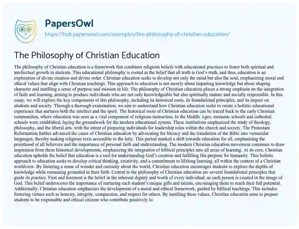 Essay on The Philosophy of Christian Education