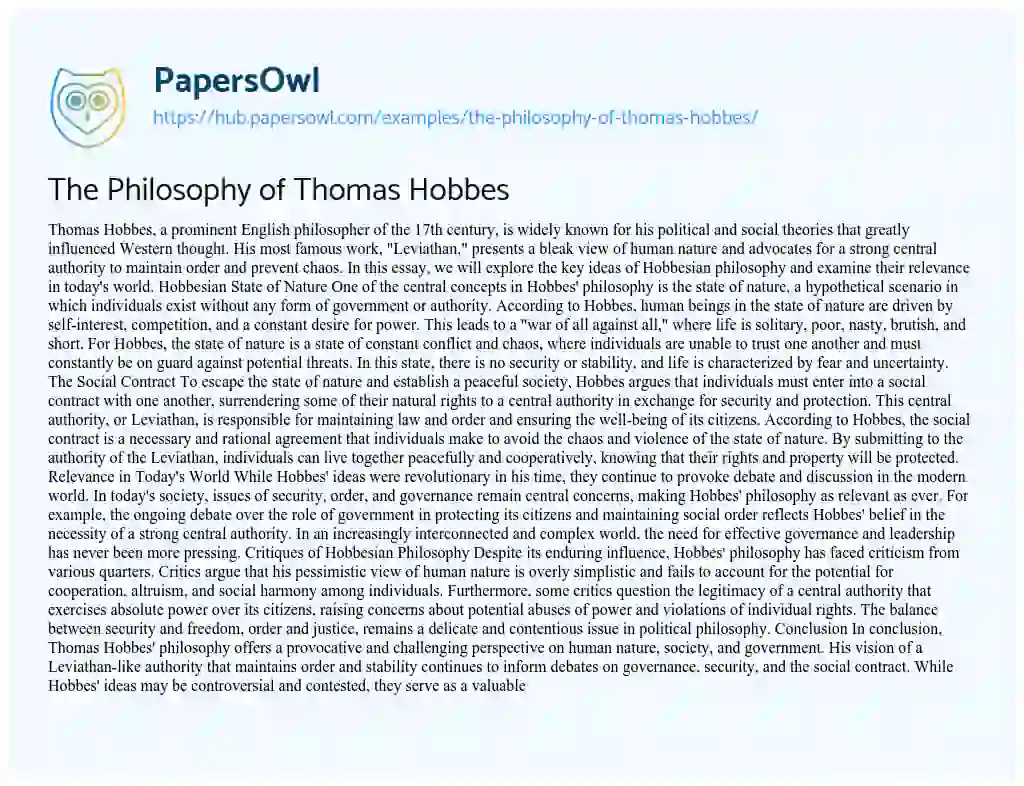 Essay on The Philosophy of Thomas Hobbes