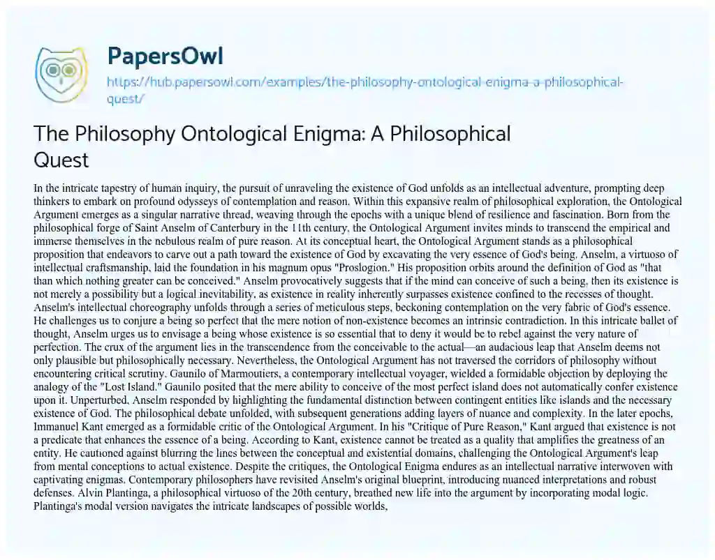 Essay on The Philosophy Ontological Enigma: A Philosophical Quest