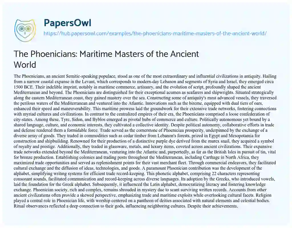 Essay on The Phoenicians: Maritime Masters of the Ancient World