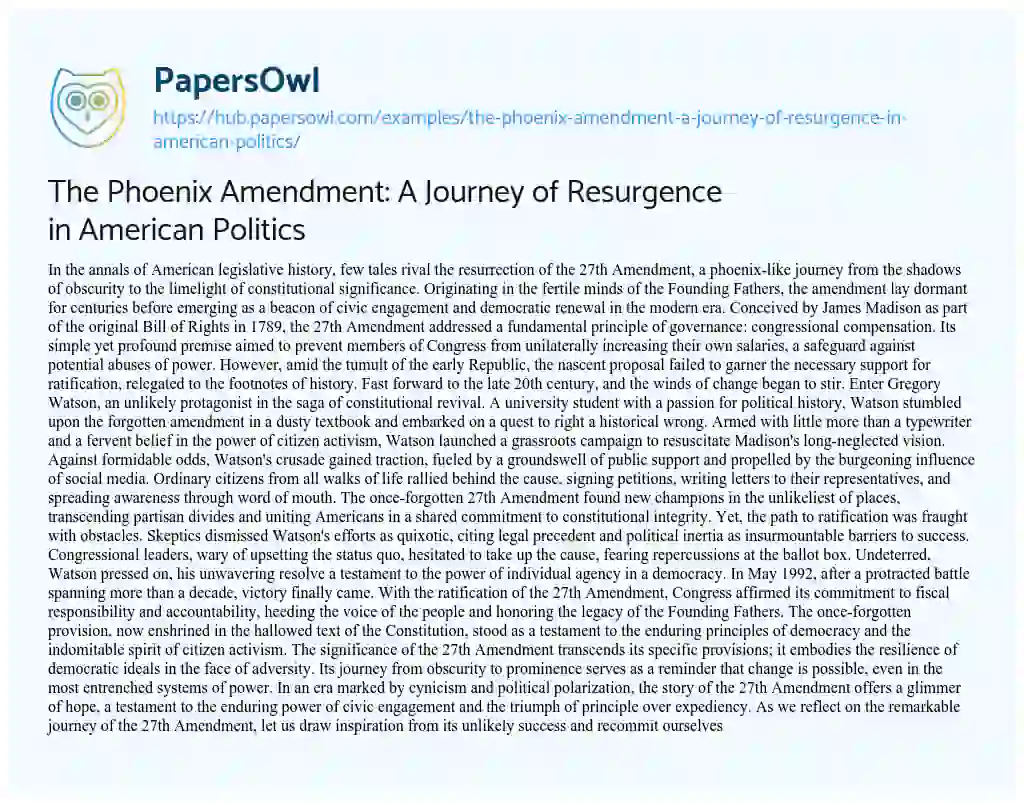 Essay on The Phoenix Amendment: A Journey of Resurgence in American Politics