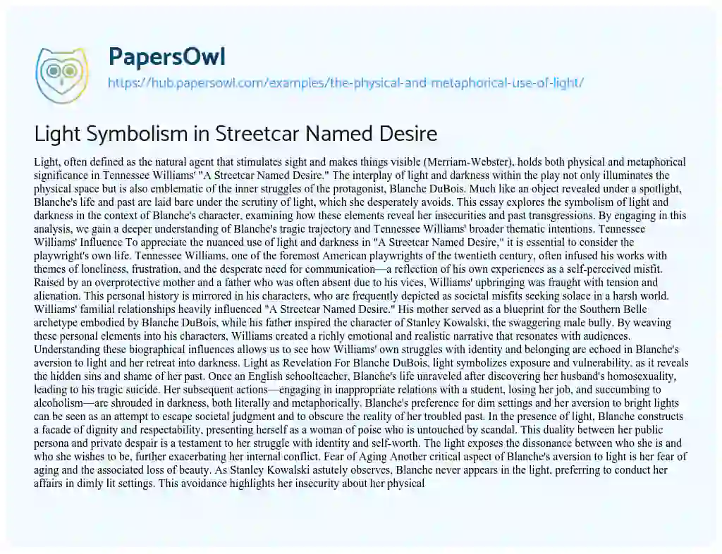 Essay on Light Symbolism in Streetcar Named Desire