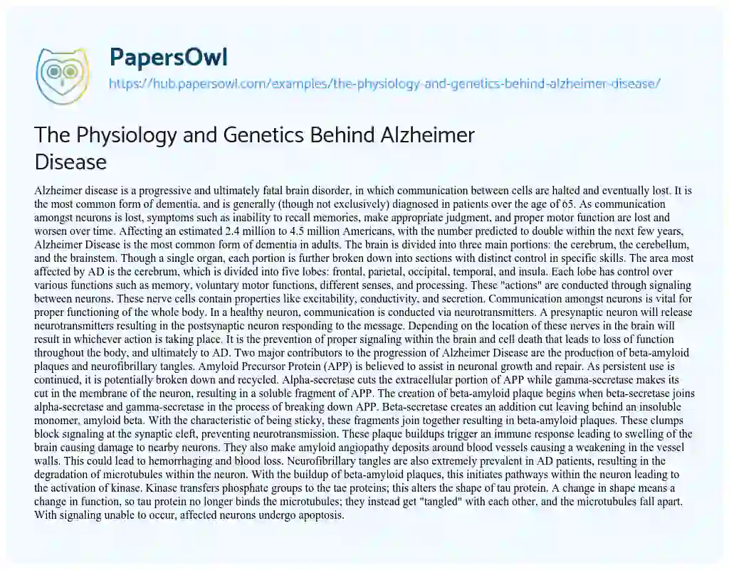 Essay on The Physiology and Genetics Behind Alzheimer Disease
