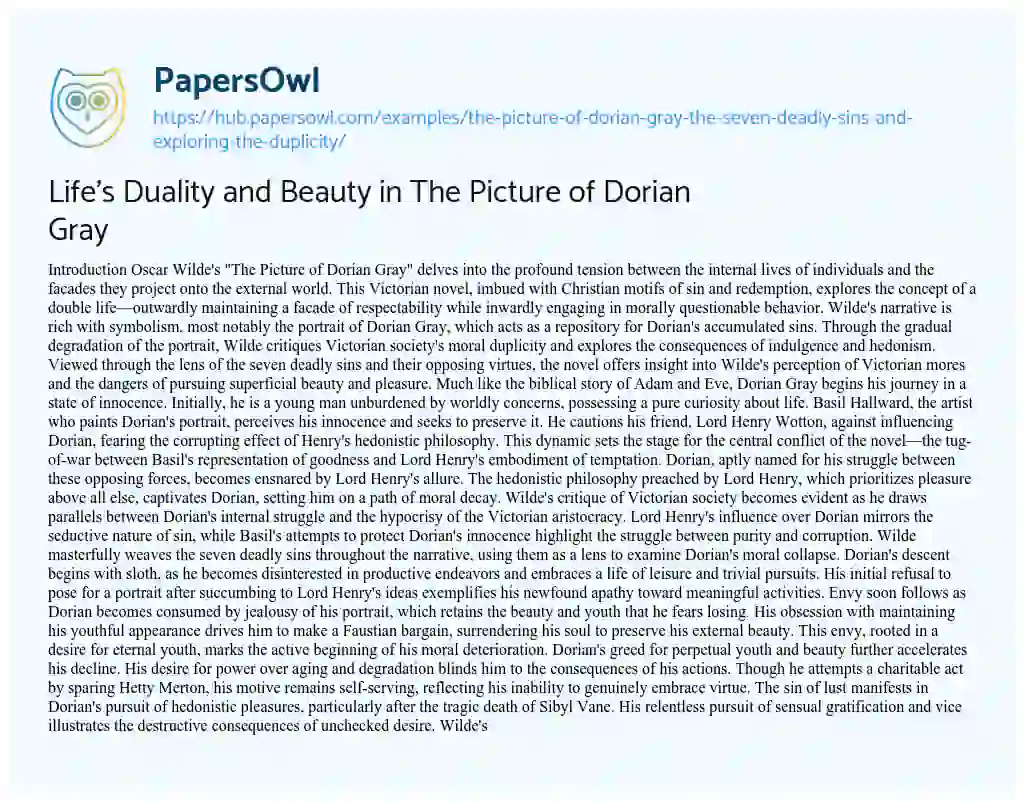 Essay on Life’s Duality and Beauty in The Picture of Dorian Gray