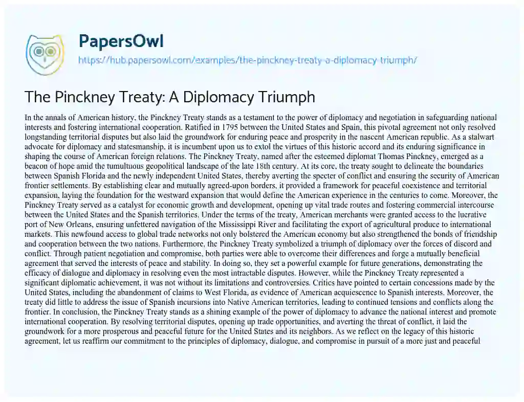 Essay on The Pinckney Treaty: A Diplomacy Triumph