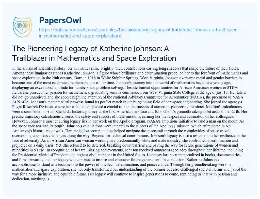 Essay on The Pioneering Legacy of Katherine Johnson: A Trailblazer in Mathematics and Space Exploration